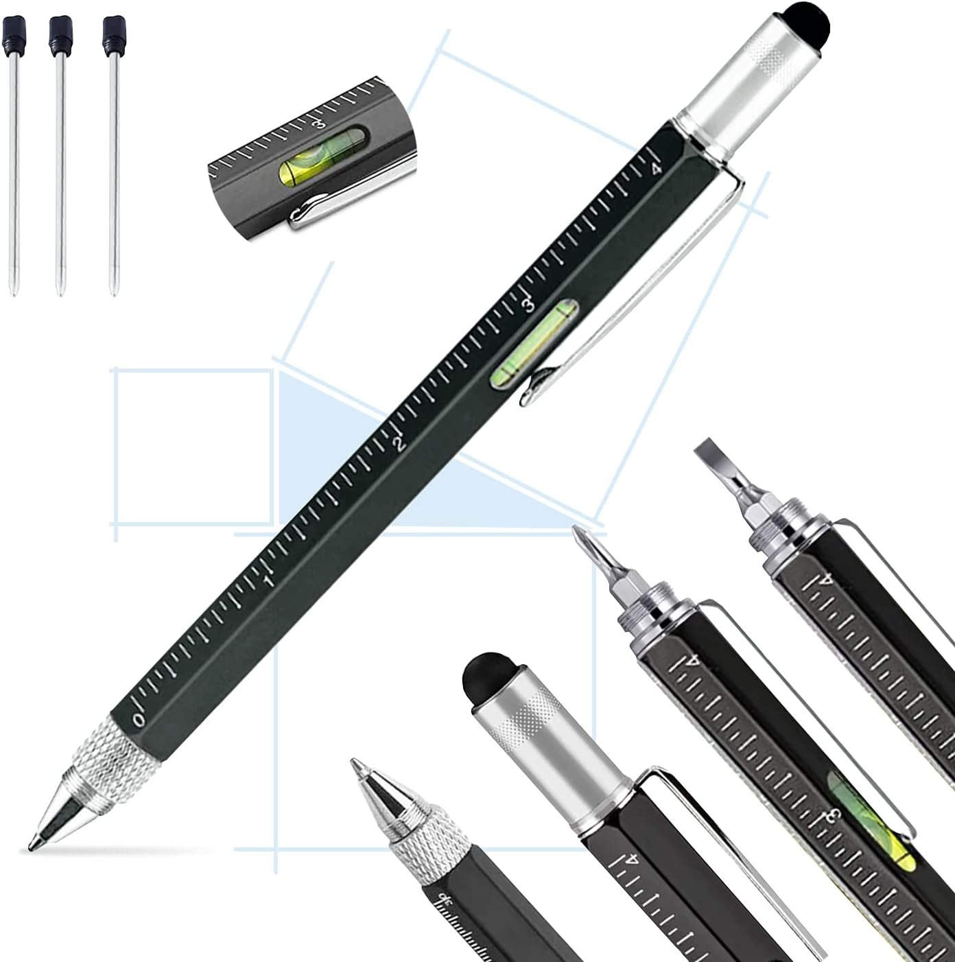 Pitagora Smart Pen, Penna a Sfera MultiTool Professionale Innovativa 9 in 1, 3 ricambi, Righello Cacciavite,Livella, Pen Touch,Regalo Originale Utile per Uomo Papà, Gadget Tecnologico Ufficio(Black)