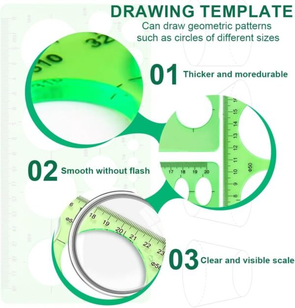 XIWJLWO Confezione da 3 modelli di disegno circolare, modello di cerchio, modello geometrico, modello di misurazione, set da disegno per studio, design e ufficio - Image 3