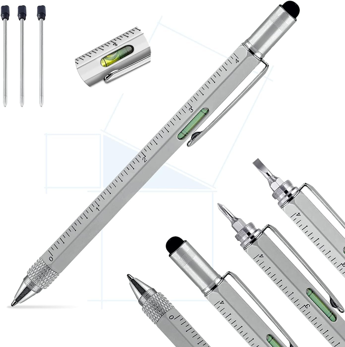 Pitagora Smart Pen, Penna a Sfera MultiTool Professionale Innovativa 9 in 1, 3 ricambi, Righello Cacciavite,Livella, Pen Touch,Regalo Originale Utile per Uomo Papà, Gadget Tecnologico Ufficio(Silver)
