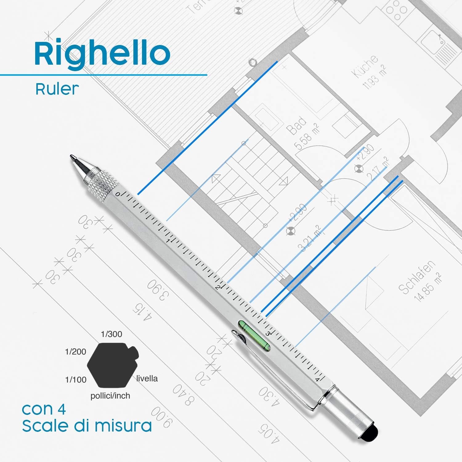 Pitagora Smart Pen, Penna a Sfera MultiTool Professionale Innovativa 9 in 1, 3 ricambi, Righello Cacciavite,Livella, Pen Touch,Regalo Originale Utile per Uomo Papà, Gadget Tecnologico Ufficio(Silver) - Image 5