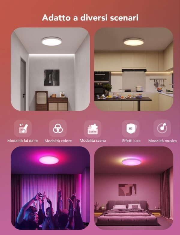 Govee RGBIC LED Plafoniera, Plafoniera Intelligente da 30 cm, 2400LM 2200-6500K Plafoniera a Incasso con 16 Milioni di Colori Fai Da te, Plafoniera per Camera da Letto, Soggiorno, Corridoio, Cucina - Image 5