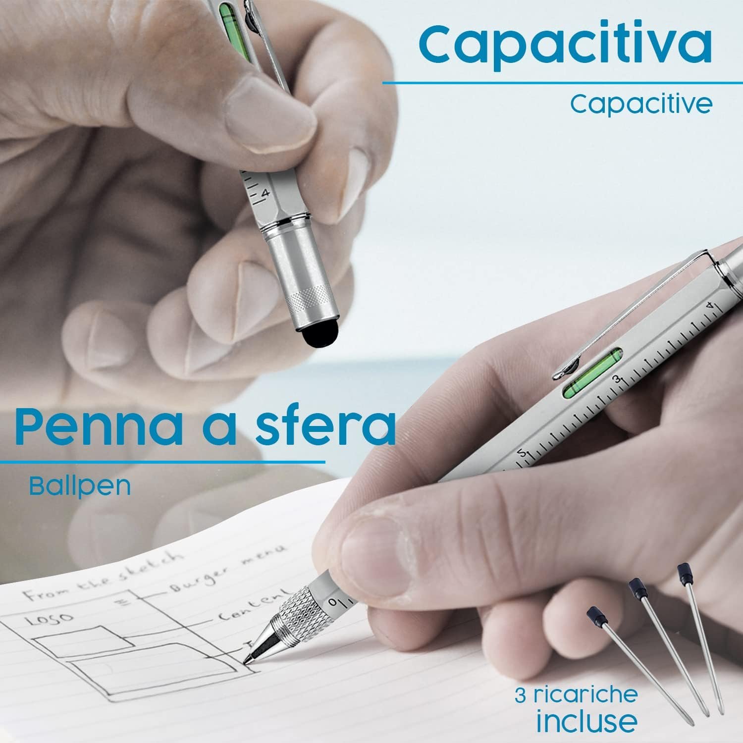 Pitagora Smart Pen, Penna a Sfera MultiTool Professionale Innovativa 9 in 1, 3 ricambi, Righello Cacciavite,Livella, Pen Touch,Regalo Originale Utile per Uomo Papà, Gadget Tecnologico Ufficio(Silver) - Image 2