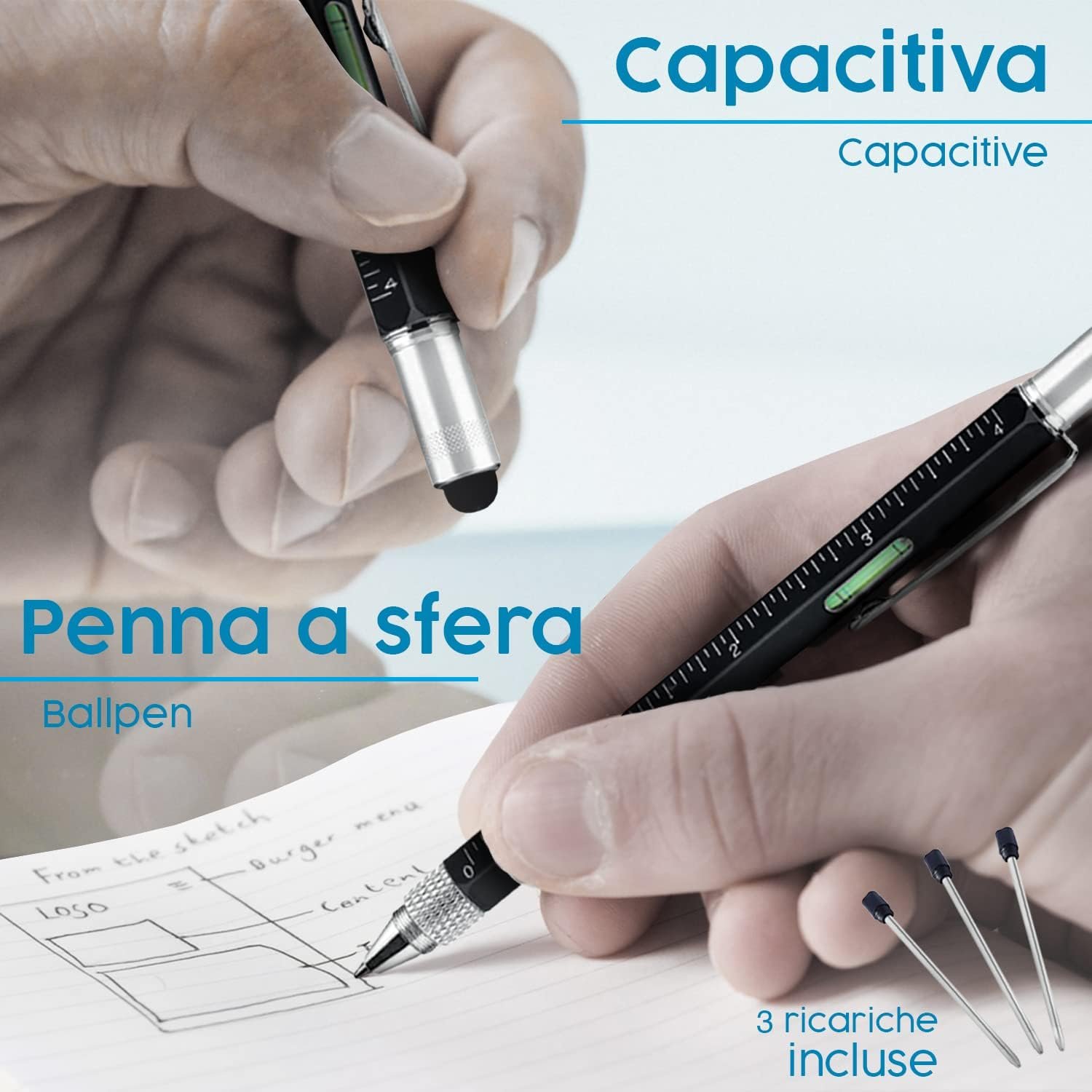 Pitagora Smart Pen, Penna a Sfera MultiTool Professionale Innovativa 9 in 1, 3 ricambi, Righello Cacciavite,Livella, Pen Touch,Regalo Originale Utile per Uomo Papà, Gadget Tecnologico Ufficio(Black) - Image 2