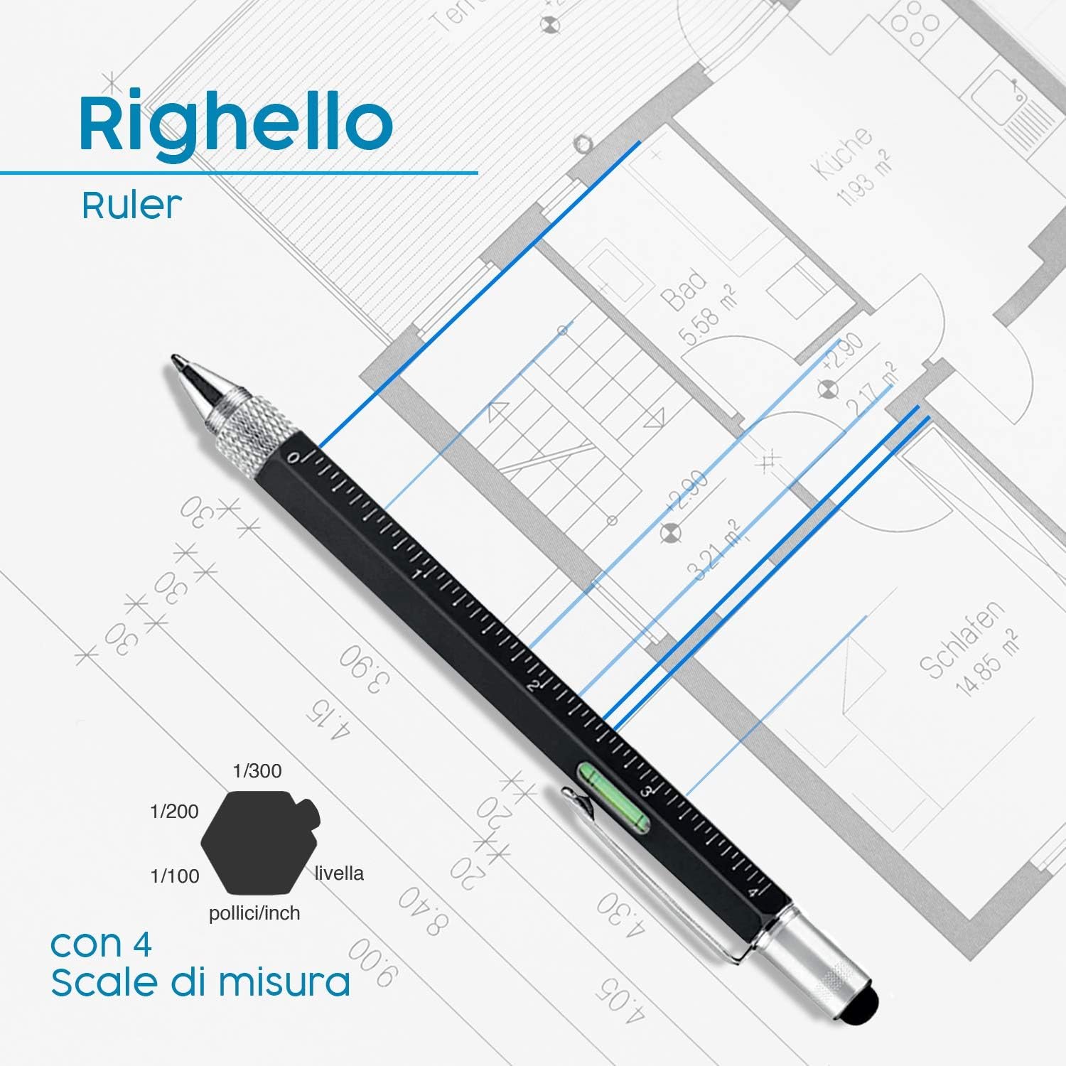 Pitagora Smart Pen, Penna a Sfera MultiTool Professionale Innovativa 9 in 1, 3 ricambi, Righello Cacciavite,Livella, Pen Touch,Regalo Originale Utile per Uomo Papà, Gadget Tecnologico Ufficio(Black) - Image 5
