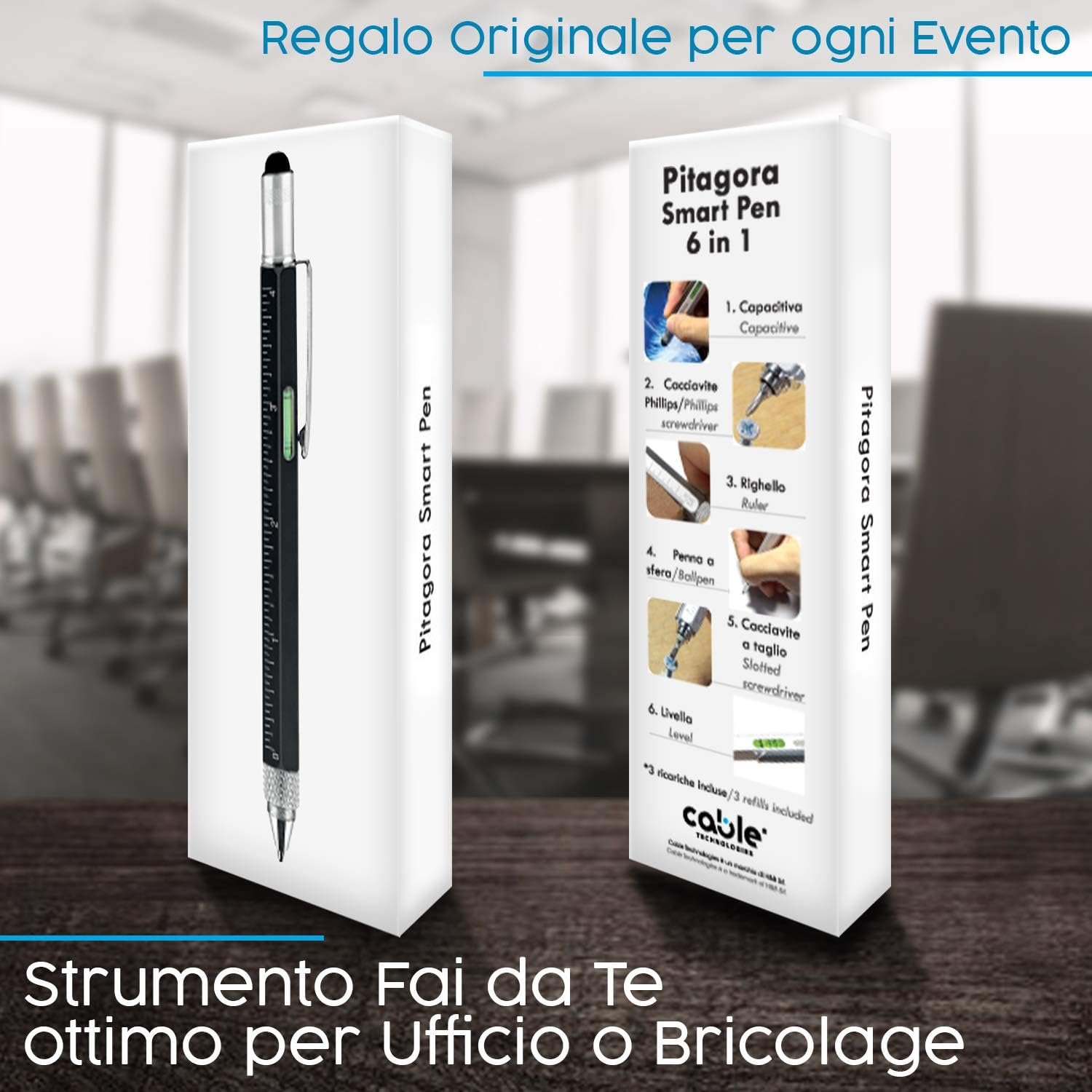 Pitagora Smart Pen, Penna a Sfera MultiTool Professionale Innovativa 9 in 1, 3 ricambi, Righello Cacciavite,Livella, Pen Touch,Regalo Originale Utile per Uomo Papà, Gadget Tecnologico Ufficio(Black) - Image 7