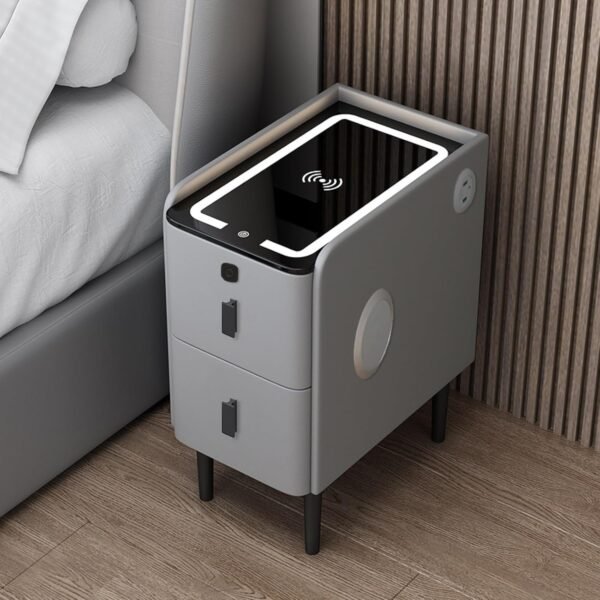 Comodino intelligente con ricarica wireless con luci a LED, gadget moderno per la casa e tecnologia per camera da letto, comodino stretto con 2 cassetti
