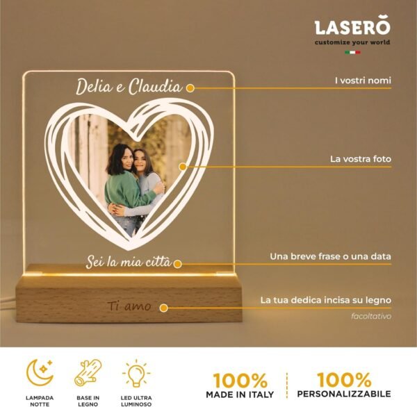 LASERO' Lampada con Foto Personalizzata Idea Regalo Fidanzata Compleanno - Lampada a Cuore Regali Anniversario per Lui - Image 2