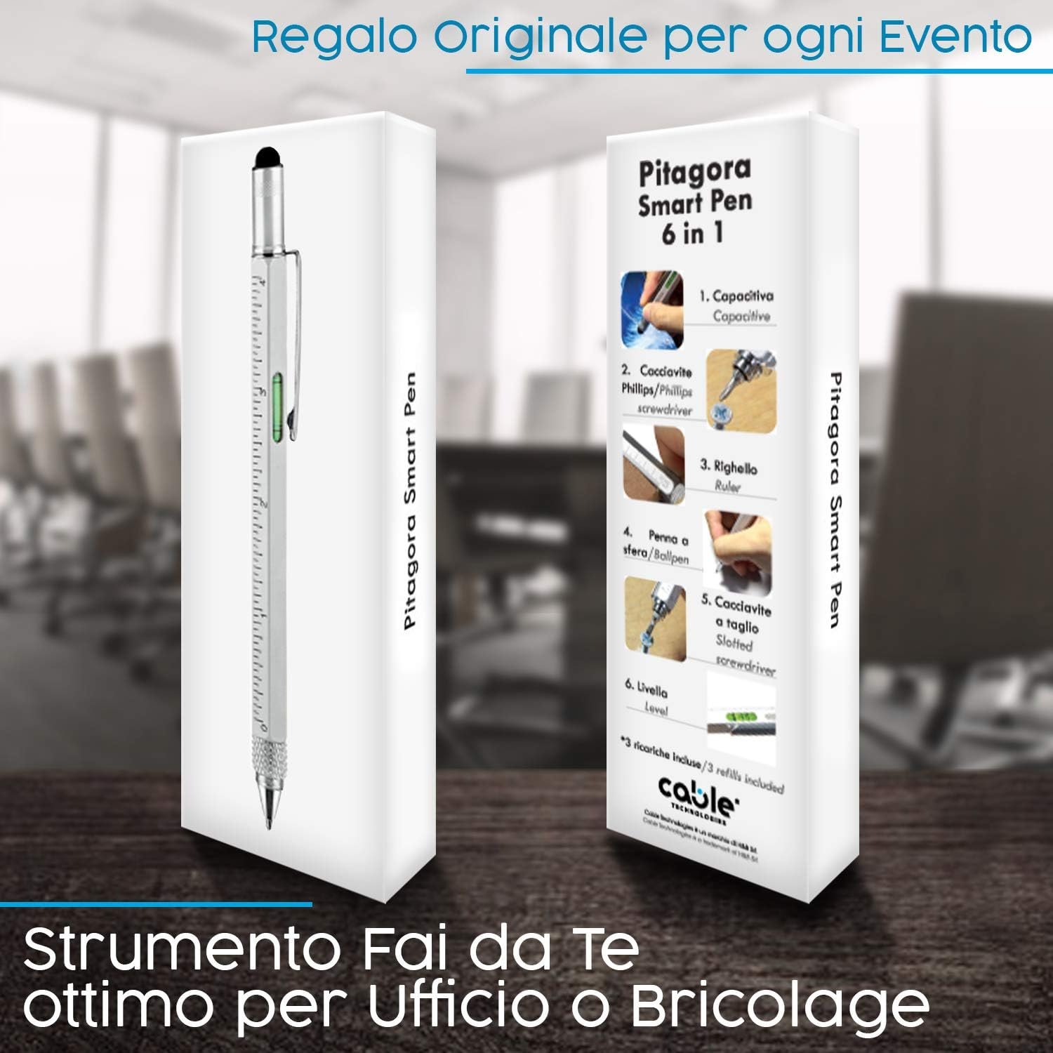 Pitagora Smart Pen, Penna a Sfera MultiTool Professionale Innovativa 9 in 1, 3 ricambi, Righello Cacciavite,Livella, Pen Touch,Regalo Originale Utile per Uomo Papà, Gadget Tecnologico Ufficio(Silver) - Image 7