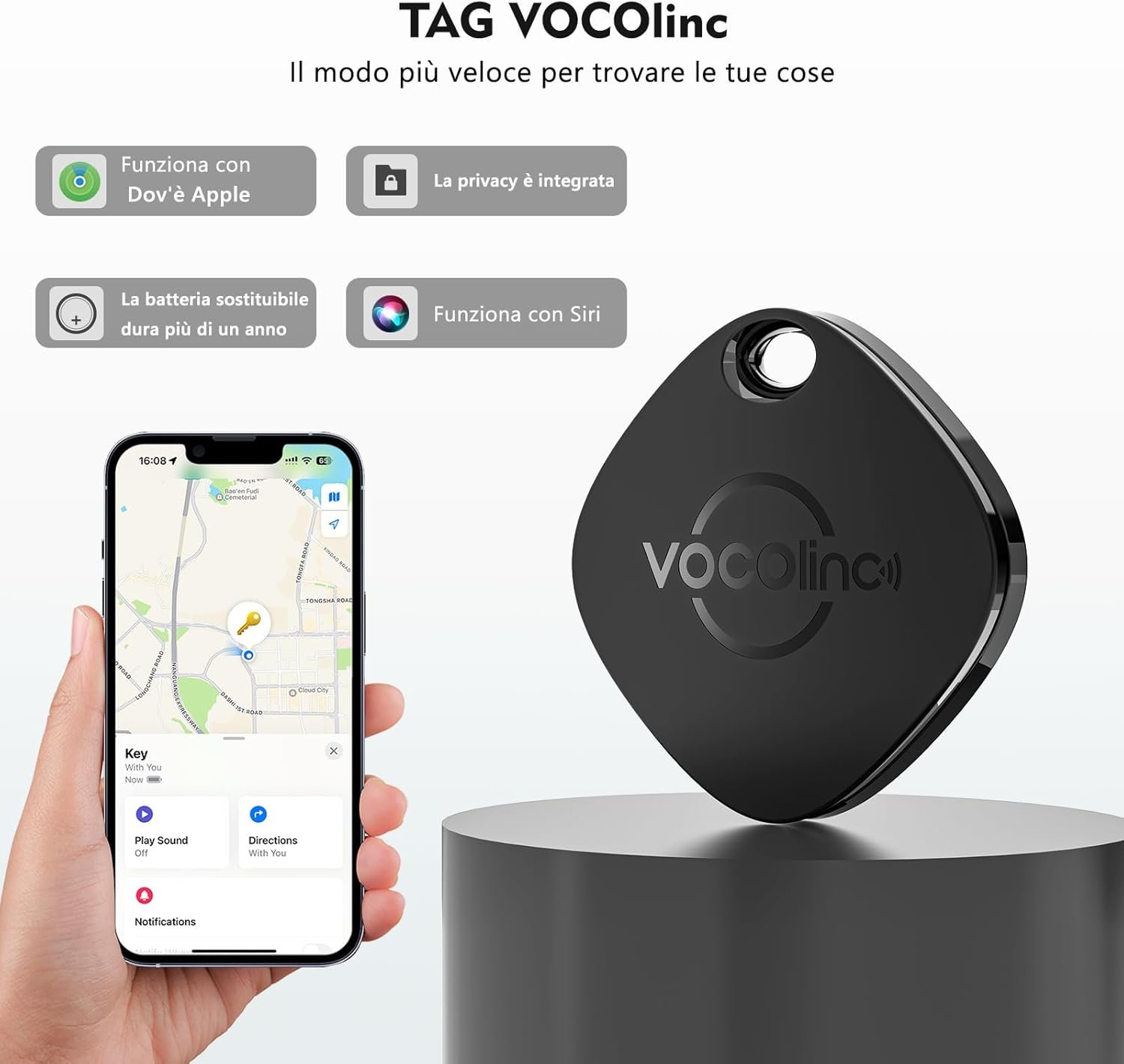 VOCOlinc Air Tag Tracker, Bluetooth Localizzatore Chiavi Compatibile con Apple Dov’è App (solo iOS, NON per Android), Trova Oggetti per Portafogli, Valigie e Bagagli, Batteria Sostituibile, 2 Pezzi - Image 2