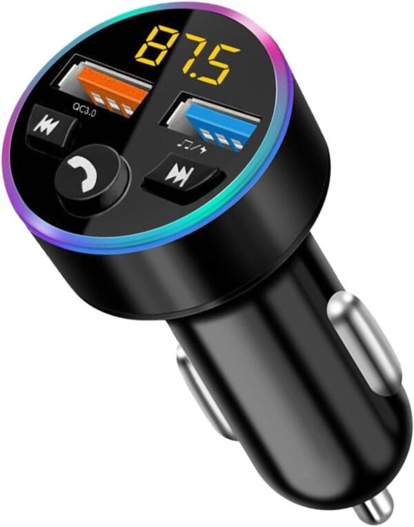 Wonvify Trasmettitore FM Bluetooth per Auto, Adattatore Bluetooth Auto Radio Musica MP3 Lettore con Chiamata Vivavoce, Caricabatterie Auto con 2 Porte USB Ricarica Rapida, Luci LED a 7 Colori