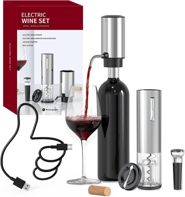 CIRCLE JOY Apribottiglie Elettrico Set Vino 4 in 1 con Cavatappi Ricaricabile, Versatore & Aeratore Vino Ricaricabile, Tagliacapsule e Tappo Vino Sottovuoto, Set Regalo per Amanti del Vino, Argento