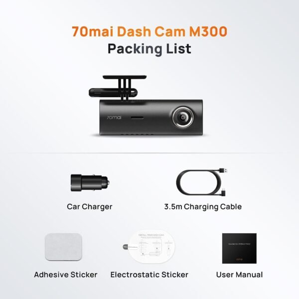70mai Dash Cam M300, 1296P QHD, dash cam smart Wi-Fi per auto integr., campo visivo grandang. di 140°, WDR, visione notturna, monitor. parcheggio, registr. time-lapse, registr loop, controllo con app - Image 7