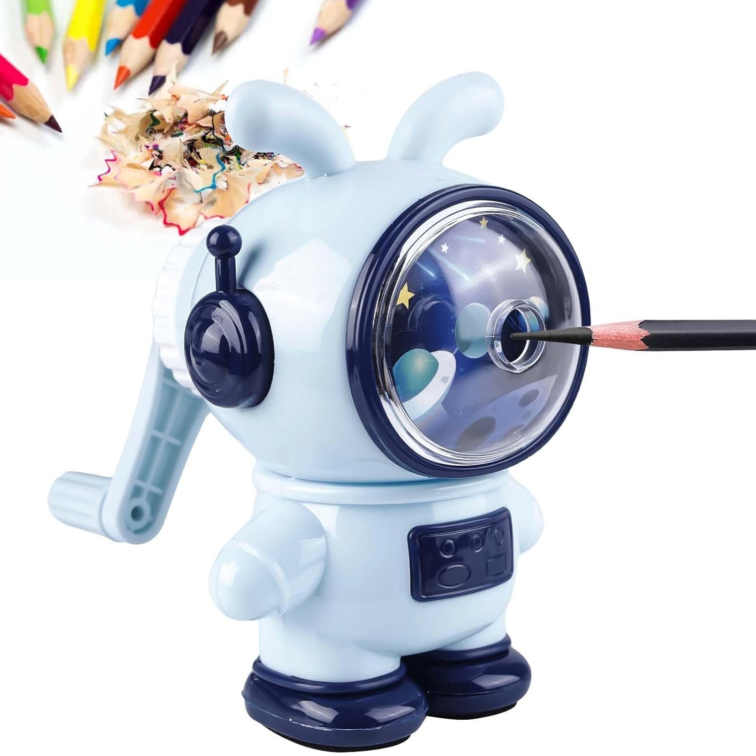 Temperamatite con manovella, temperamatite con manovella, temperamatite blu a forma di astronauta, macchina manuale regolabile in tre livelli, temperamatite con contenitore, per bambini, studenti