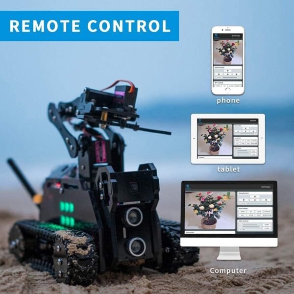 Adeept RaspTank WiFi Wireless Smart Robot Car Kit per Raspberry Pi 4/3 Modello B+/B, Serbatoio Tracciato Robot con Braccio Robotico 4-DOF, OpenCV Target Tracking, Trasmissione Video - Image 2