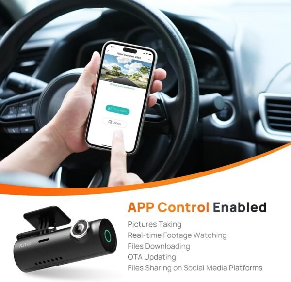 70mai Dash Cam M300, 1296P QHD, dash cam smart Wi-Fi per auto integr., campo visivo grandang. di 140°, WDR, visione notturna, monitor. parcheggio, registr. time-lapse, registr loop, controllo con app - Image 6