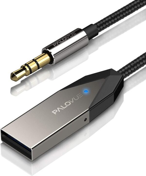 PALOVUE Ricevitore Bluetooth 5.0, kit per auto wireless per streaming musicale e chiamate in vivavoce per autoradio stereo domestico con Aux da 3,5 mm, nessuna ricarica necessaria, LinkFlow