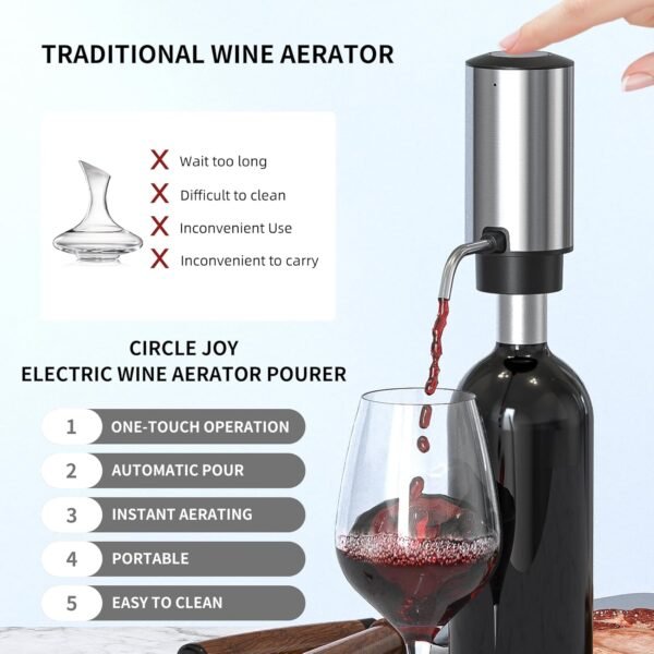 CIRCLE JOY Apribottiglie Elettrico Set Vino 4 in 1 con Cavatappi Ricaricabile, Versatore & Aeratore Vino Ricaricabile, Tagliacapsule e Tappo Vino Sottovuoto, Set Regalo per Amanti del Vino, Argento - Image 4