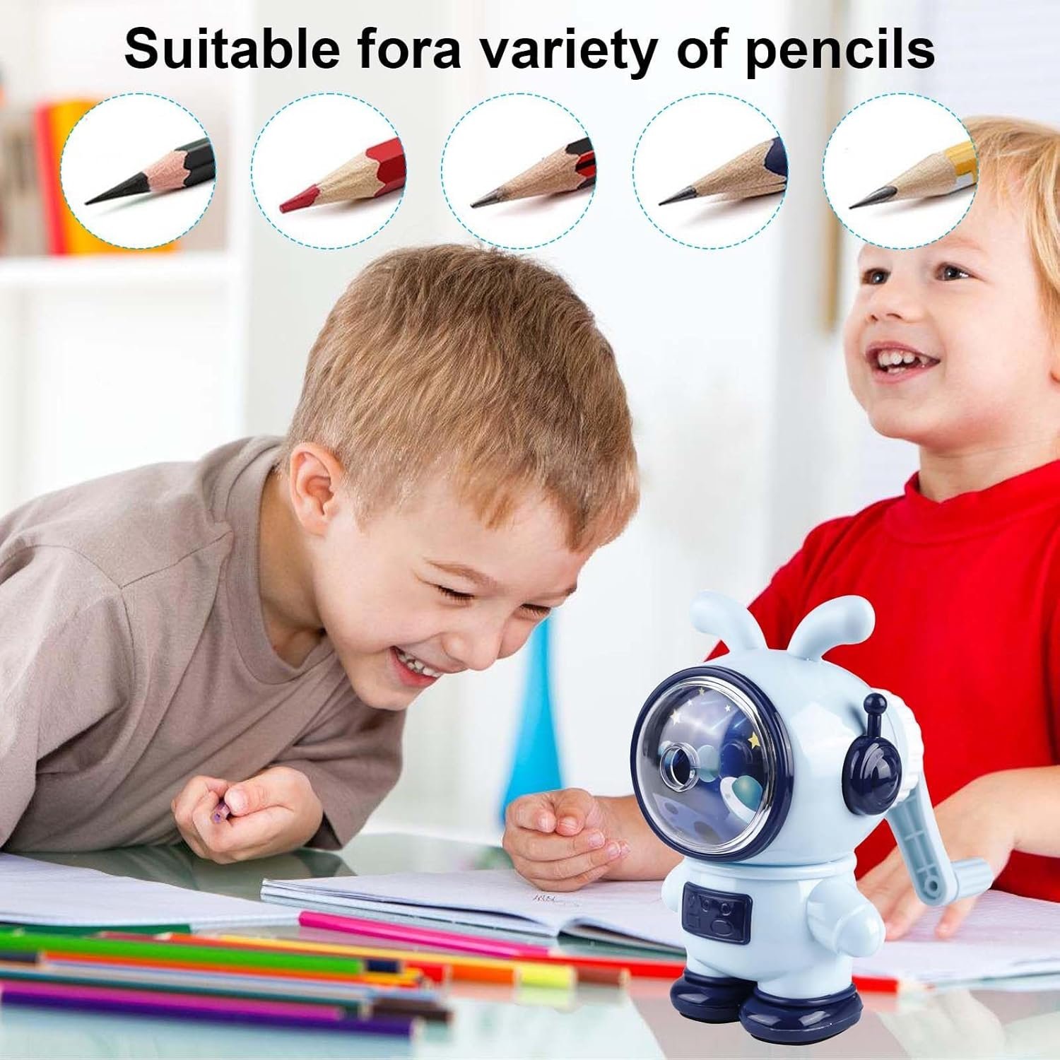 Temperamatite con manovella, temperamatite con manovella, temperamatite blu a forma di astronauta, macchina manuale regolabile in tre livelli, temperamatite con contenitore, per bambini, studenti - Image 7