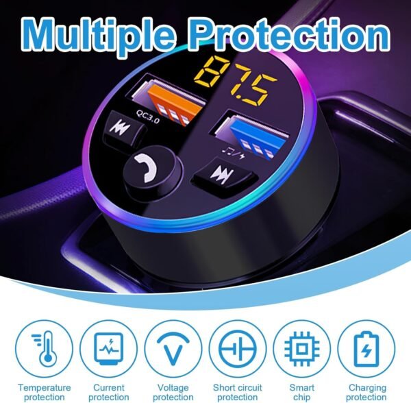 Wonvify Trasmettitore FM Bluetooth per Auto, Adattatore Bluetooth Auto Radio Musica MP3 Lettore con Chiamata Vivavoce, Caricabatterie Auto con 2 Porte USB Ricarica Rapida, Luci LED a 7 Colori - Image 5