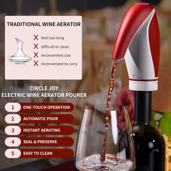 CIRCLE JOY Aeratore per Vino Elettrico Versatore Ricaricabile 3-in-1 Vino Decanter Dispenser Preserver Pinguino Forma Regali per Gli Amanti del Vino, Rosso - Image 4
