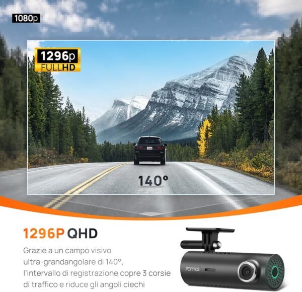 70mai Dash Cam M300, 1296P QHD, dash cam smart Wi-Fi per auto integr., campo visivo grandang. di 140°, WDR, visione notturna, monitor. parcheggio, registr. time-lapse, registr loop, controllo con app - Image 3