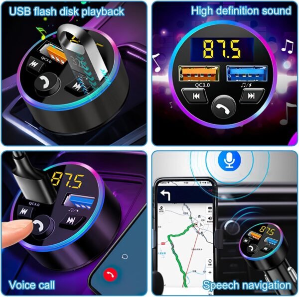 Wonvify Trasmettitore FM Bluetooth per Auto, Adattatore Bluetooth Auto Radio Musica MP3 Lettore con Chiamata Vivavoce, Caricabatterie Auto con 2 Porte USB Ricarica Rapida, Luci LED a 7 Colori - Image 4