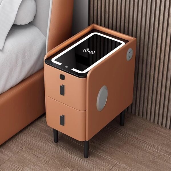 Comodino intelligente con ricarica wireless e luci a LED, moderno gadget tecnologico per camera da letto, con 2 cassetti