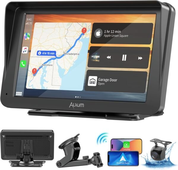 Alxum Carplay display auto portatile 7” IPS Driveplay FM trasmettitore auto Bluetooth auto play monitor con telecamera posteriore, supporto per TF card, FM, AUX per tutte le auto