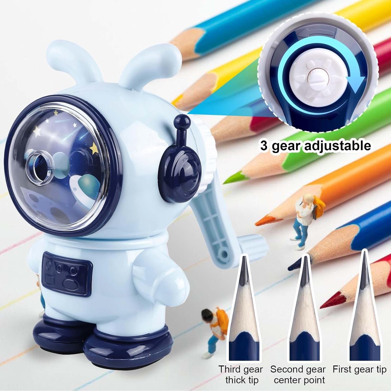 Temperamatite con manovella, temperamatite con manovella, temperamatite blu a forma di astronauta, macchina manuale regolabile in tre livelli, temperamatite con contenitore, per bambini, studenti - Image 5