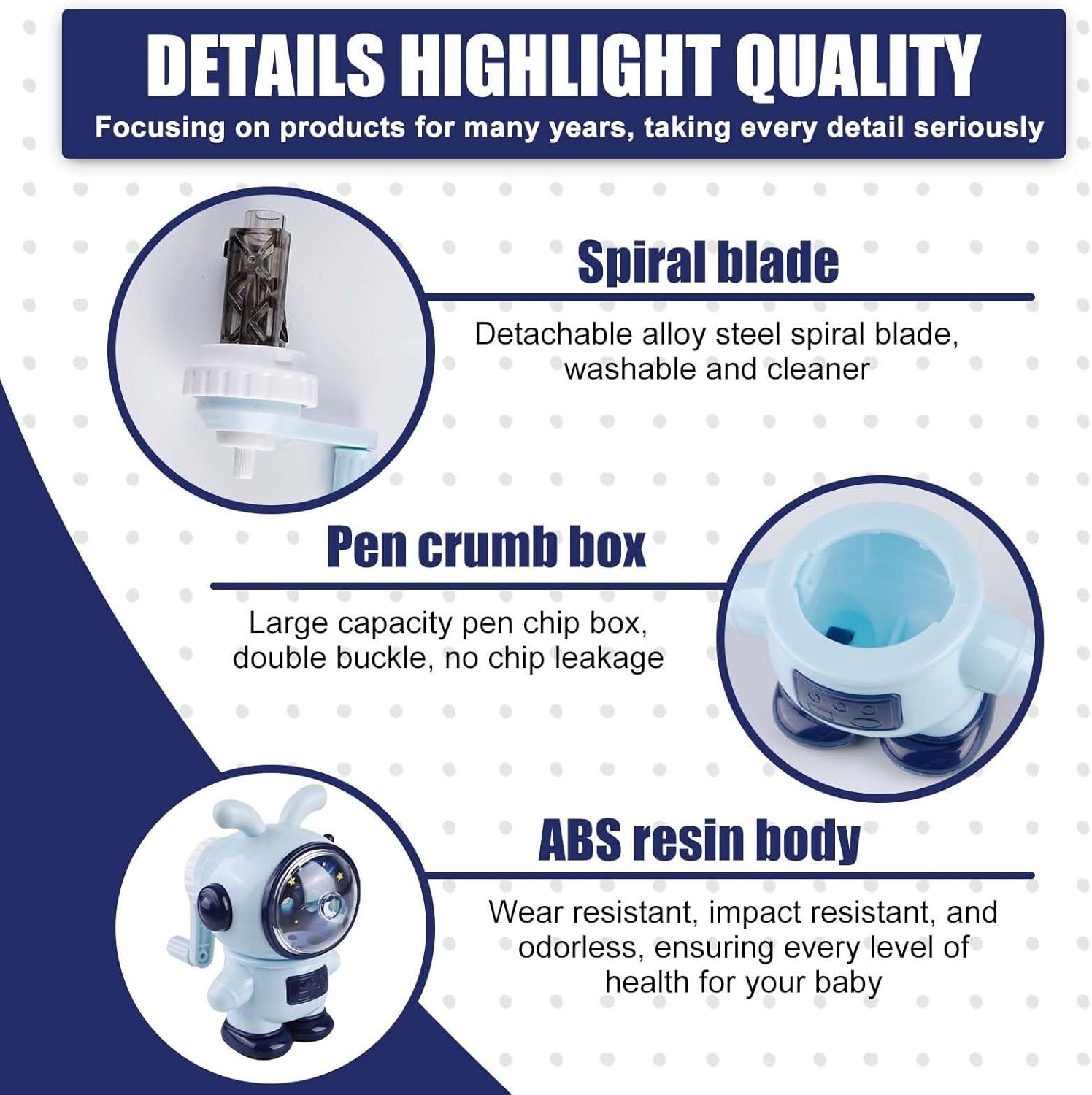 Temperamatite con manovella, temperamatite con manovella, temperamatite blu a forma di astronauta, macchina manuale regolabile in tre livelli, temperamatite con contenitore, per bambini, studenti - Image 6