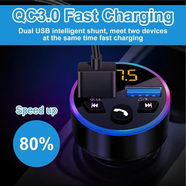 Wonvify Trasmettitore FM Bluetooth per Auto, Adattatore Bluetooth Auto Radio Musica MP3 Lettore con Chiamata Vivavoce, Caricabatterie Auto con 2 Porte USB Ricarica Rapida, Luci LED a 7 Colori - Image 3