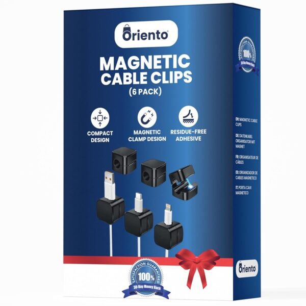 Oriento Magnetic Cable Clips Pacco da 6, Organizer Cavi Magnetico Regolabile, Organizzatore Cavi Magnetico per Scrivania, Comodino, Cavi di Ricarica, HDMI, USB, Cavi Audio, Ufficio, Casa, (Nero)