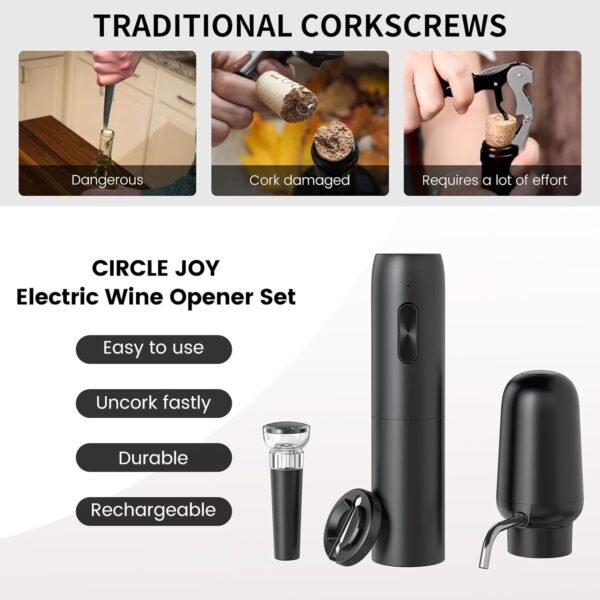 CIRCLE JOY Apribottiglie Elettrico Set Vino 4 in 1 con Cavatappi Ricaricabile, Versatore & Aeratore Vino Ricaricabile, Tagliacapsule e Tappo Vino Sottovuoto, Set Regalo per Amanti del Vino, Nero - Image 2