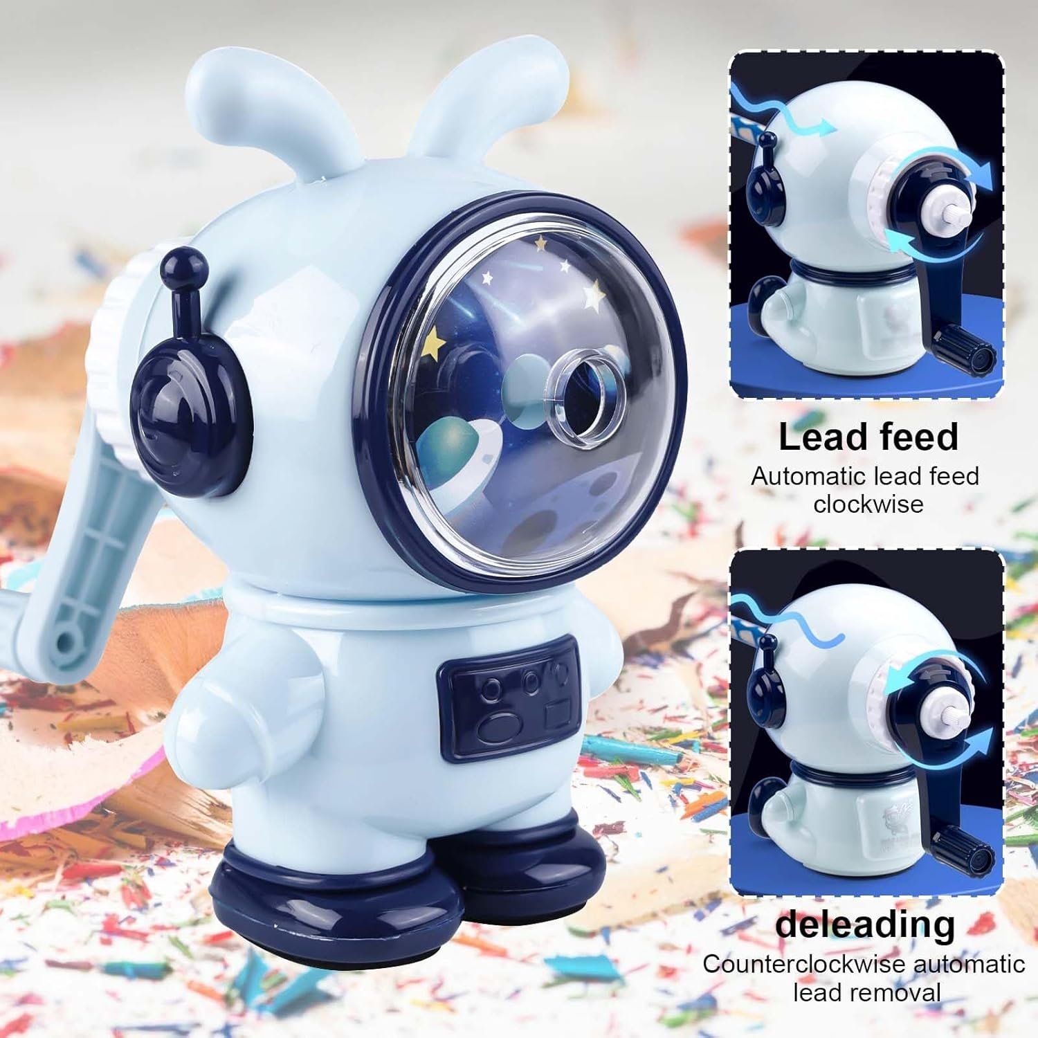 Temperamatite con manovella, temperamatite con manovella, temperamatite blu a forma di astronauta, macchina manuale regolabile in tre livelli, temperamatite con contenitore, per bambini, studenti - Image 3