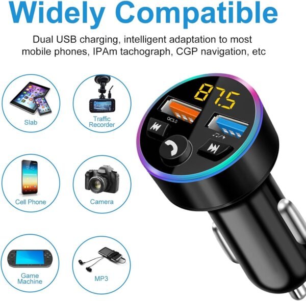 Wonvify Trasmettitore FM Bluetooth per Auto, Adattatore Bluetooth Auto Radio Musica MP3 Lettore con Chiamata Vivavoce, Caricabatterie Auto con 2 Porte USB Ricarica Rapida, Luci LED a 7 Colori - Image 7