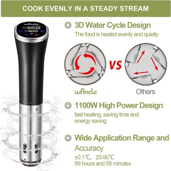 Sous Vide, Wancle Roner Cucina a Bassa Temperatura 1100W IPX7 Impermeabile Sous Vide Cooker Con funzione di prenotazione, facile da riporre - Image 2