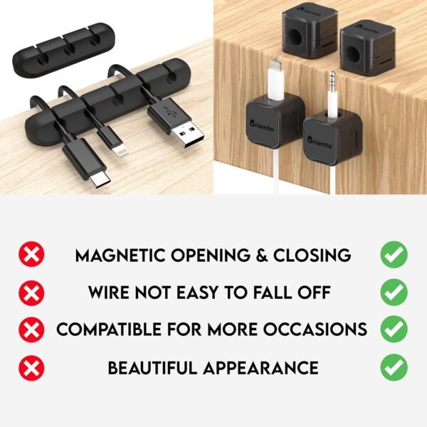 Oriento Magnetic Cable Clips Pacco da 6, Organizer Cavi Magnetico Regolabile, Organizzatore Cavi Magnetico per Scrivania, Comodino, Cavi di Ricarica, HDMI, USB, Cavi Audio, Ufficio, Casa, (Nero) - Image 5