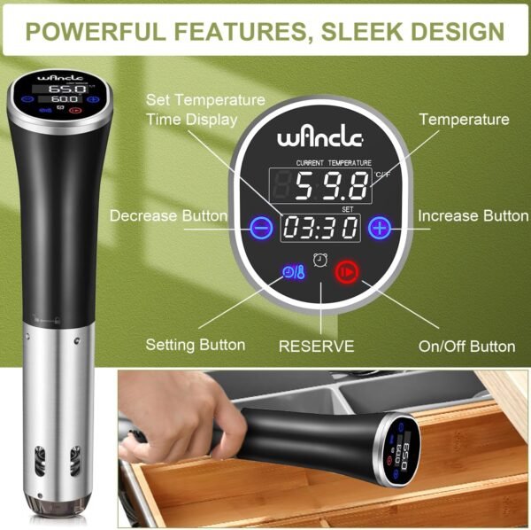 Sous Vide, Wancle Roner Cucina a Bassa Temperatura 1100W IPX7 Impermeabile Sous Vide Cooker Con funzione di prenotazione, facile da riporre - Image 4