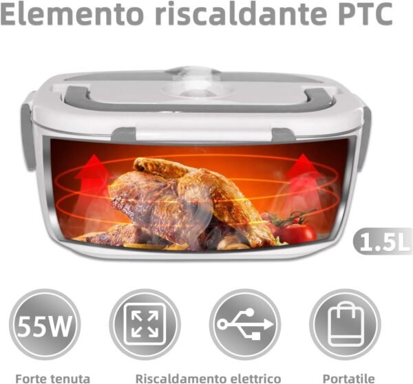 Scaldavivande Elettrico Portatile con Borsa Termica 1.5L (55W 220V), Lunch Box Portavivande Termico Elettronico Portatile in Acciaio Inox, Porta Pranzo da Ufficio e Auto, Grigio - Image 5