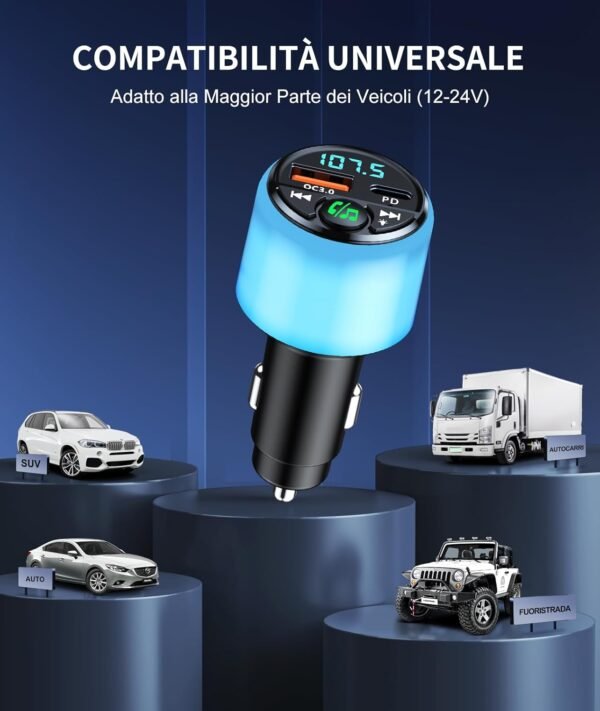 Mohard Trasmettitore FM Bluetooth 5.3 per Auto, PD 30W & QC3.0 18W Ricarica Veloce Vivavoce Bluetooth Auto con Musica Hi-Fi, Luce Commutabile Radio Dispositivo Macchina Accendisigari Adattatore Auto - Image 7