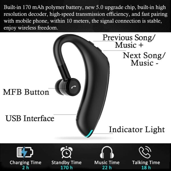 Auricolare Bluetooth V5.0, Fino a 18-22 Ore di Autonomia, Cuffie Bluetooth Handsfree, con Tecnologia Avanzata di Cancellazione del Rumore, adatto per Business/Ufficio/Guida - Image 2