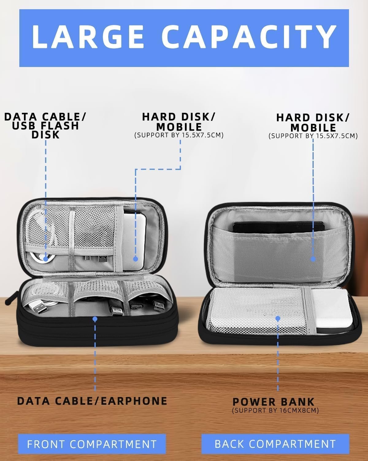 SOBEAU Borsa per Cavi, Elettronici Porta Cavi Organizer Viaggio, Accessori Borsa Custodia, Borsa Universale Organizer Cavi Portatile per USB, Schede SD, Caricabatterie, Hard Disk,Nero - Image 4