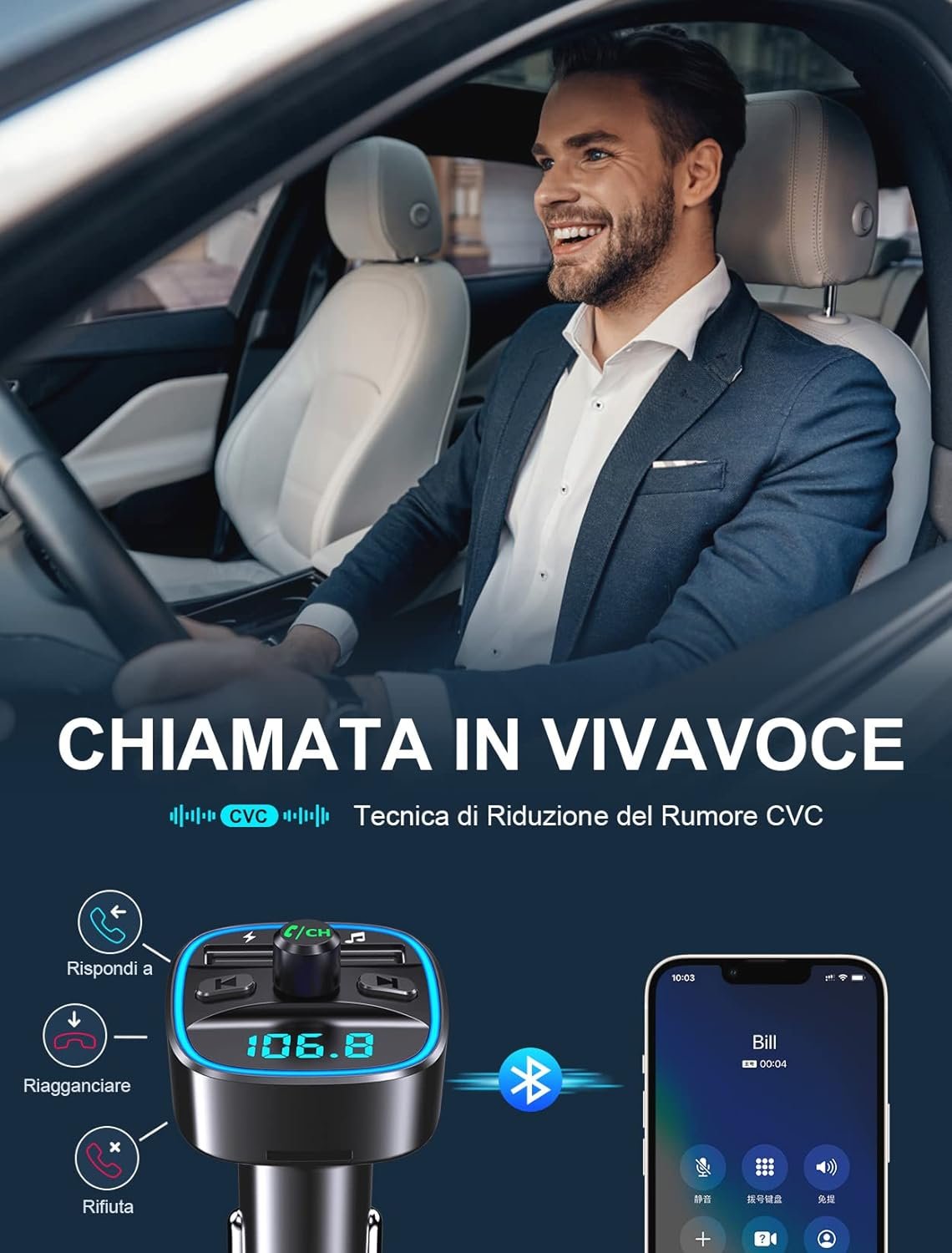 Mohard Trasmettitore FM Bluetooth 5.3 per Auto, Adattatore Bluetooth Auto Audio Radio Lettore Musicale MP3, Chiamata Vivavoce, Porte USB Doppie (5V/2.4A & 1A), Lettore di Schede TF & Chiavetta USB - Image 3