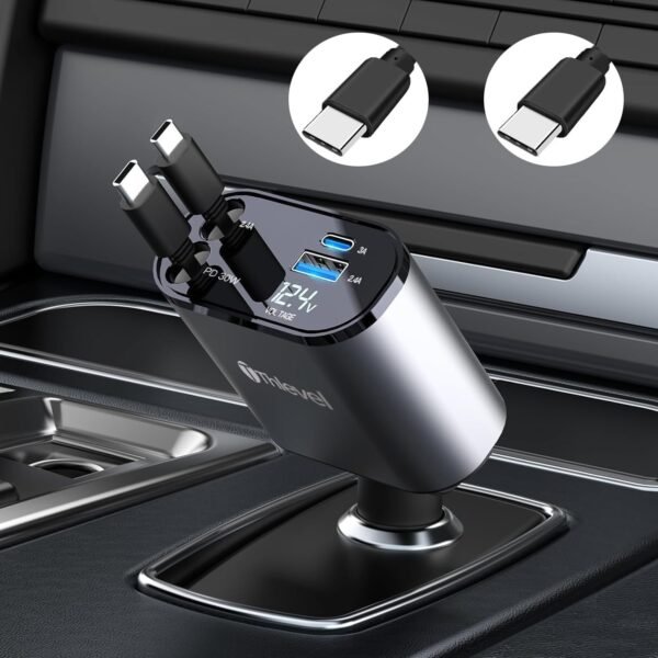 Thlevel Retrattile Caricabatterie USB per Auto Adattatore Presa PD 60W con 2 Cavi Tipo C Retrattili Voltmetro LED Compatibile con iPhone iPad Samsung Huawei per 12V 24V Caravan Camper Barca