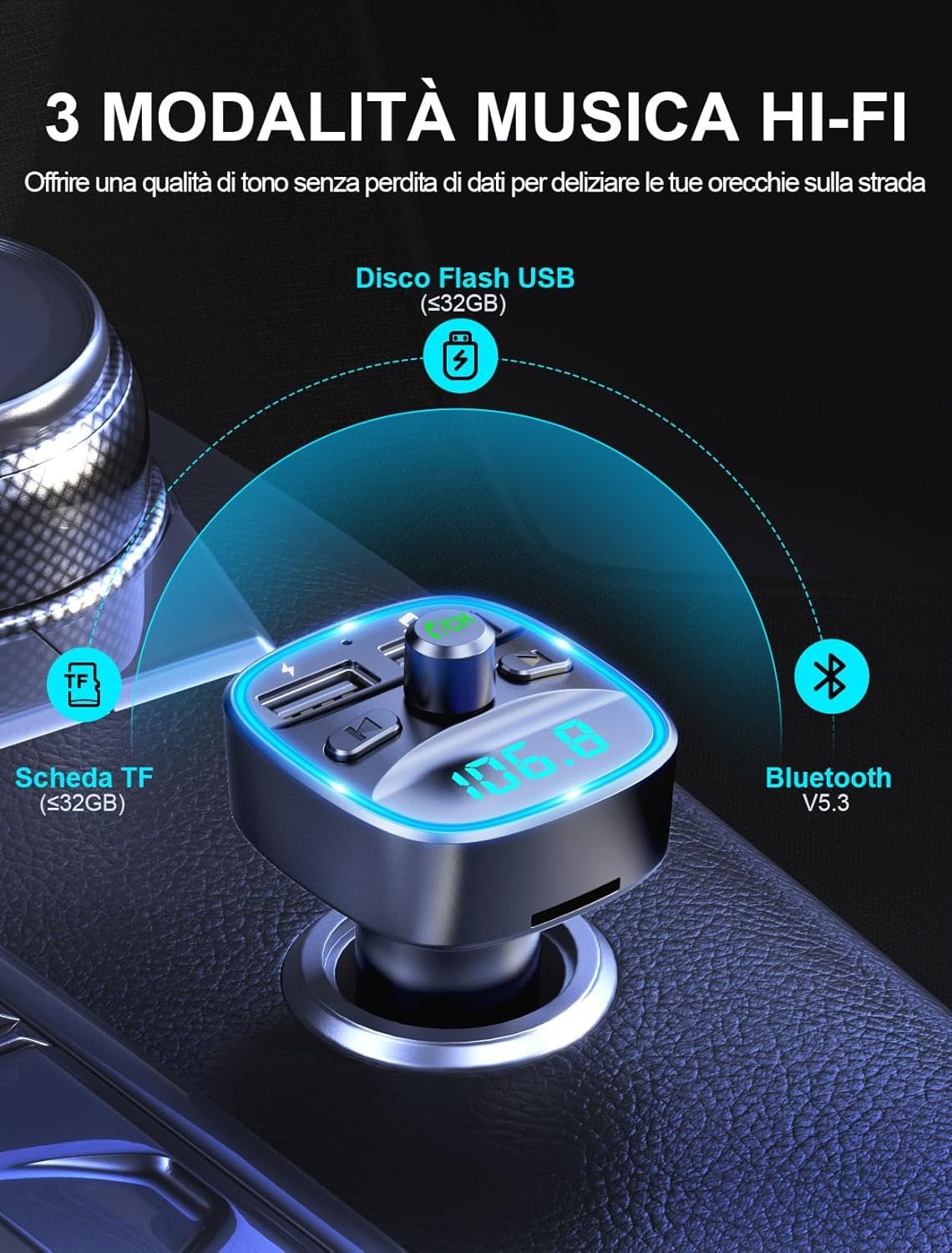 Mohard Trasmettitore FM Bluetooth 5.3 per Auto, Adattatore Bluetooth Auto Audio Radio Lettore Musicale MP3, Chiamata Vivavoce, Porte USB Doppie (5V/2.4A & 1A), Lettore di Schede TF & Chiavetta USB - Image 4