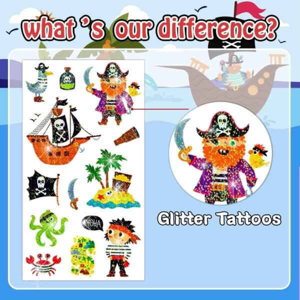 Leesgel Glitter Tatuaggi Pirata per Bambini, 125 Stili Tatuaggi Temporanei Bambini Trasferelli per Bambini, Gadget Compleanno Bambini Festa Compleanno Invitati - Image 6