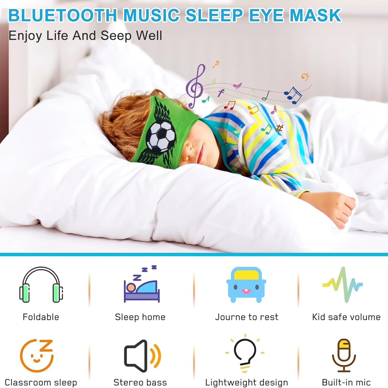 Maschera per Dormire Bluetooth, CestMall Maschera per Gli Occhi del Sonno con Cuffie Microfono Musicale Addormentata Bluetooth Maschera Regalo di Compleanno per Bambini Ragazzo Ragazza (Green) - Image 2