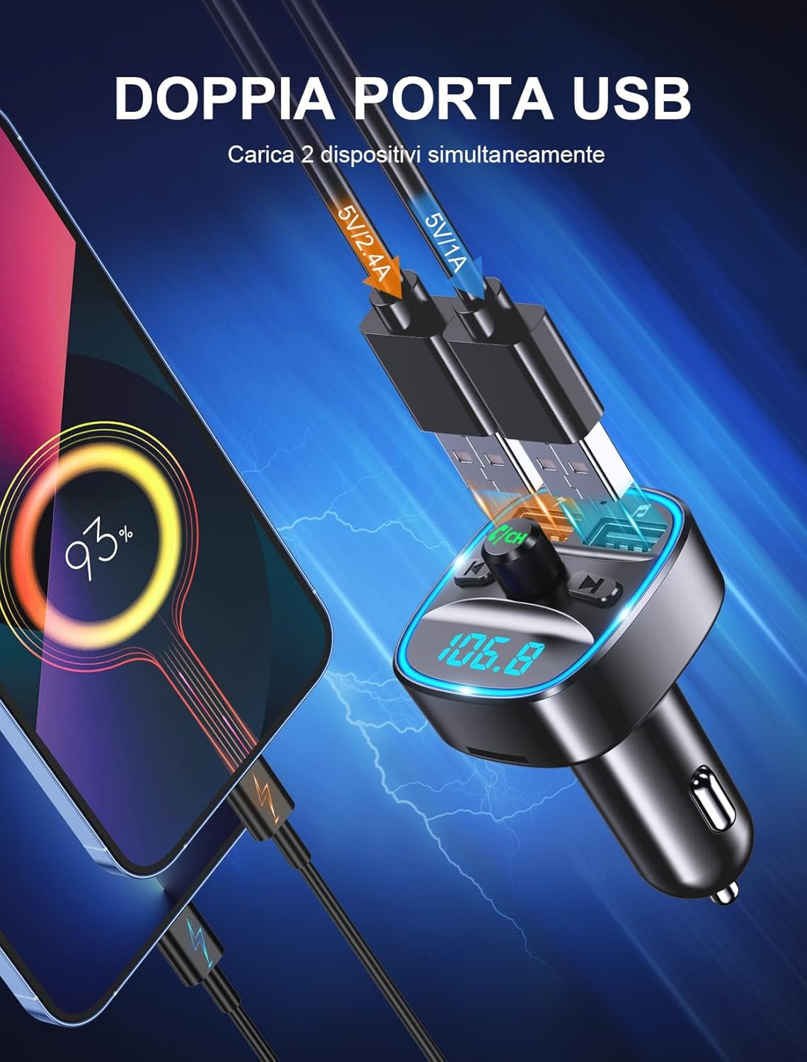 Mohard Trasmettitore FM Bluetooth 5.3 per Auto, Adattatore Bluetooth Auto Audio Radio Lettore Musicale MP3, Chiamata Vivavoce, Porte USB Doppie (5V/2.4A & 1A), Lettore di Schede TF & Chiavetta USB - Image 2