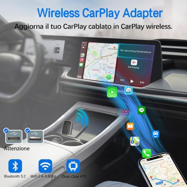 Adattatore Wireless CarPlay - connessione Bluetooth, Plug and Play, compatibile con la maggior parte delle auto, funziona con iOS 10 e versioni successive, nonché con Android 11 e versioni successive - Image 2