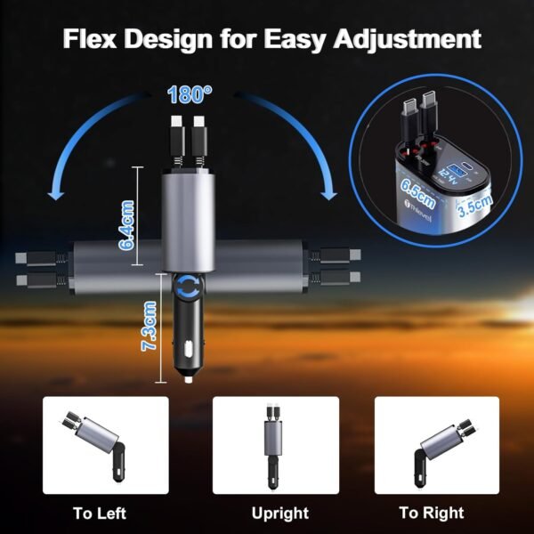 Thlevel Retrattile Caricabatterie USB per Auto Adattatore Presa PD 60W con 2 Cavi Tipo C Retrattili Voltmetro LED Compatibile con iPhone iPad Samsung Huawei per 12V 24V Caravan Camper Barca - Image 5
